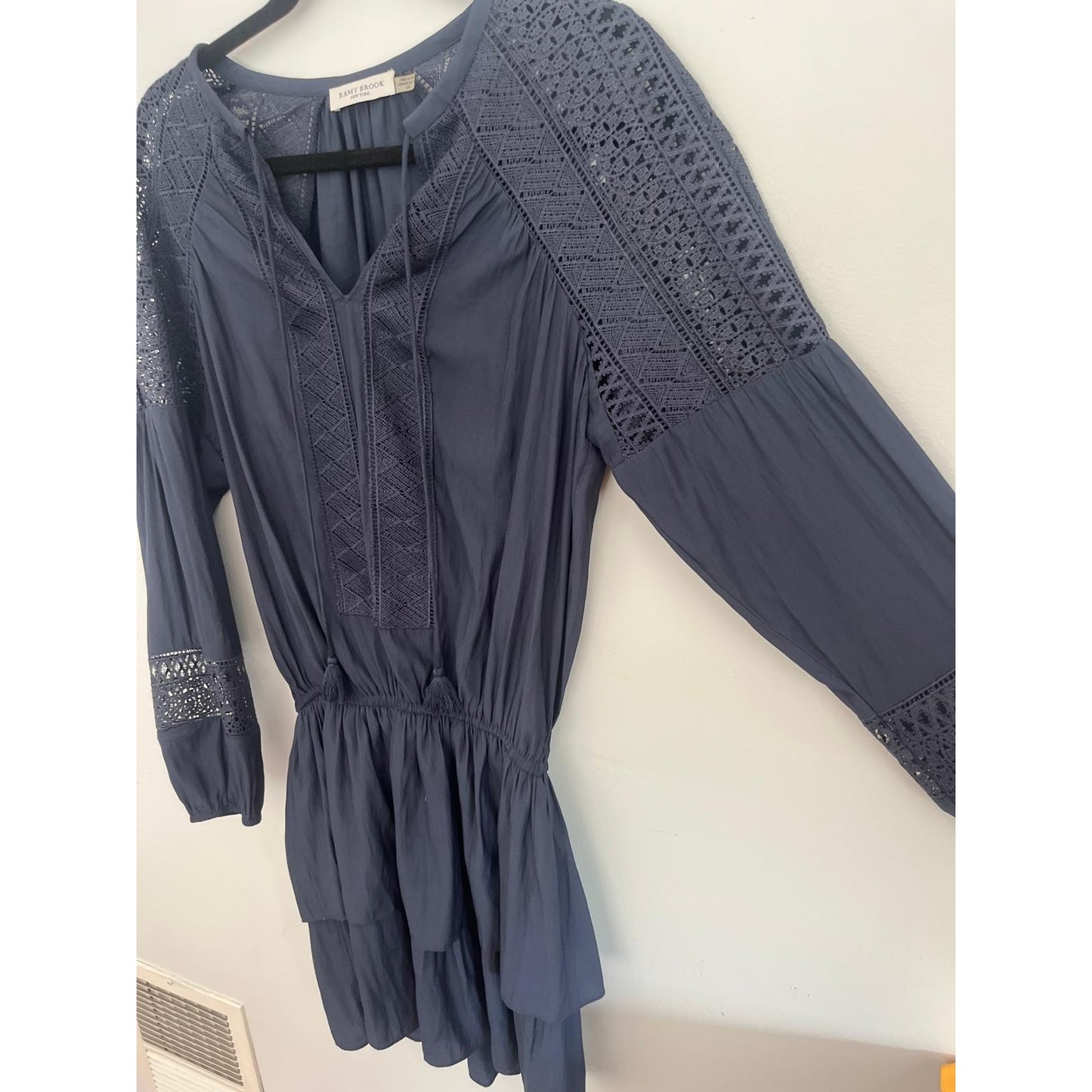 Ramy Brook Mini Dress Women M Navy Blue Lace Panel Long Sleeve Boho