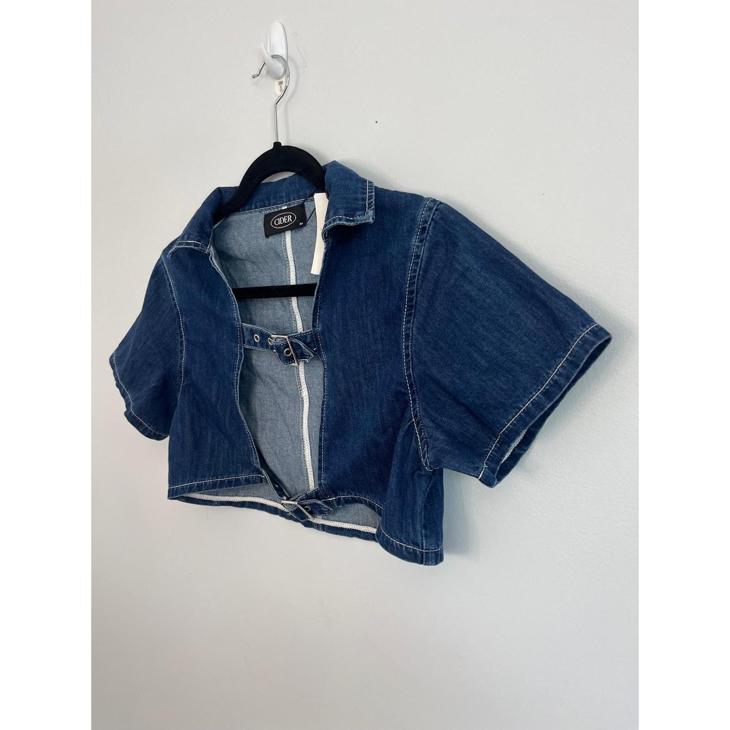 Cider Denim Crop Top Women M Blue Short Sleeve Zip Front Belted Jacket NWT