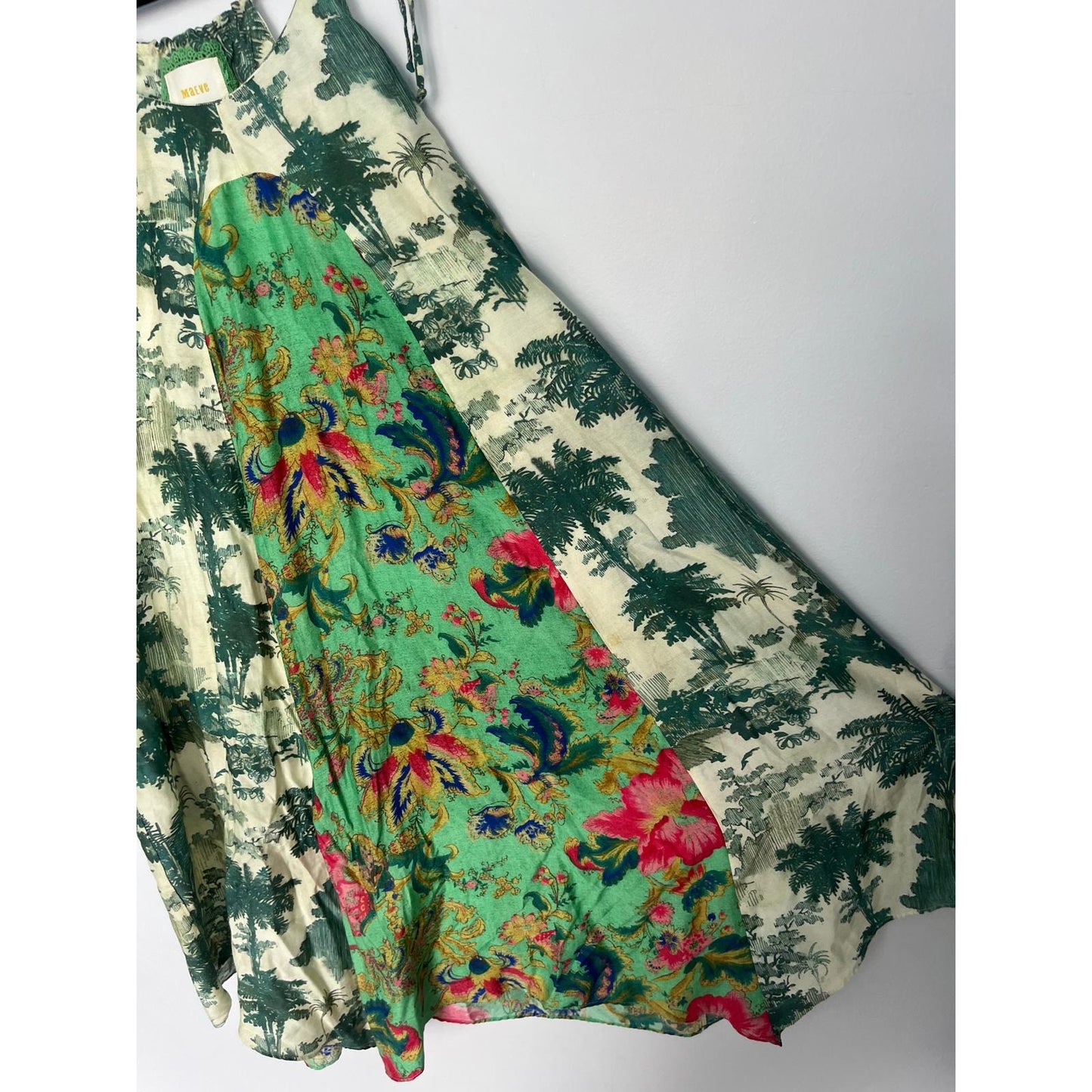 Maeve Sundress Women XS Green Scenic Print Tie Strap Boho Summer Dress
