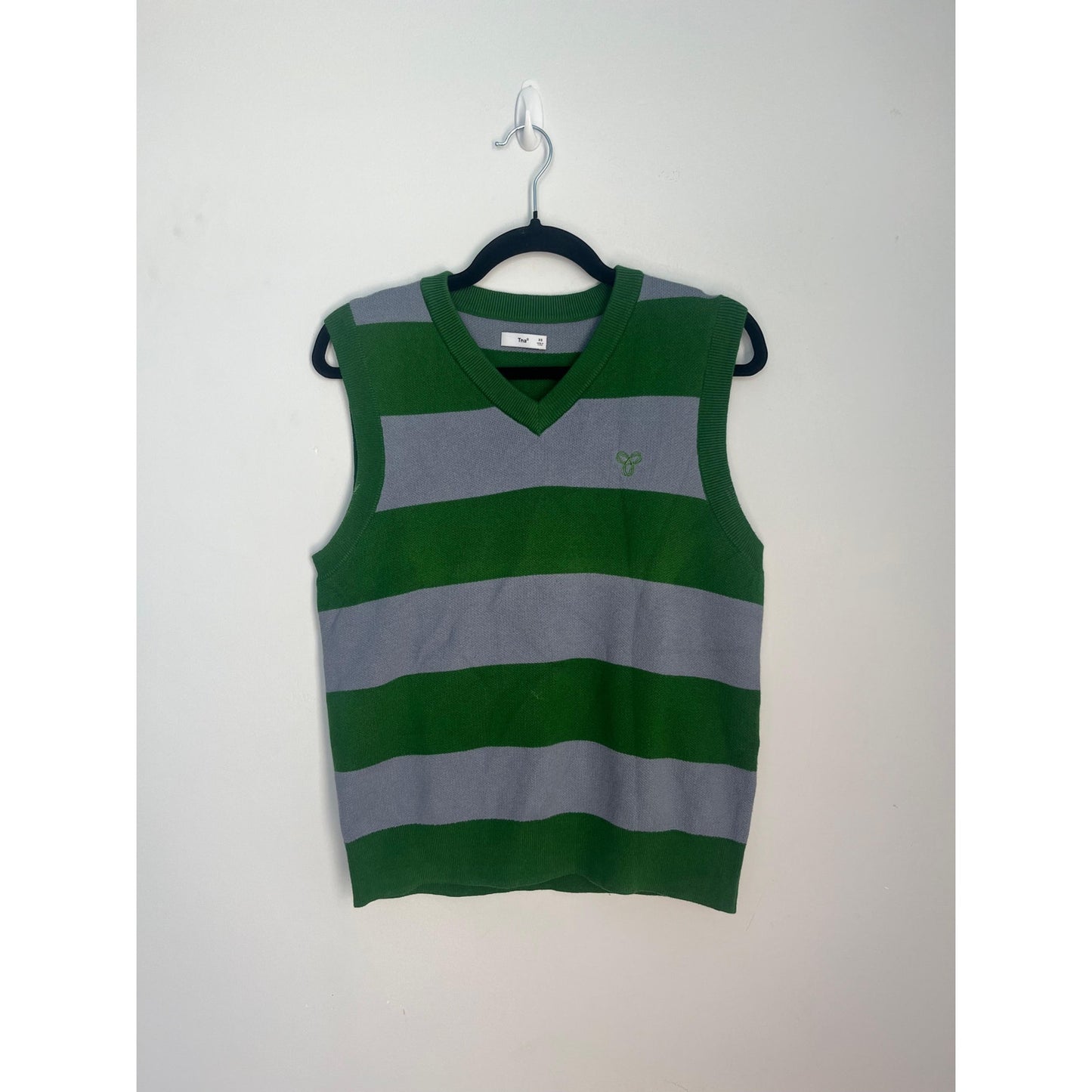 TNA Sweater Vest Women XS Green Gray Stripe V Neck Knit Preppy Y2K