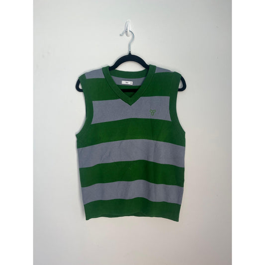 TNA Sweater Vest Women XS Green Gray Stripe V Neck Knit Preppy Y2K
