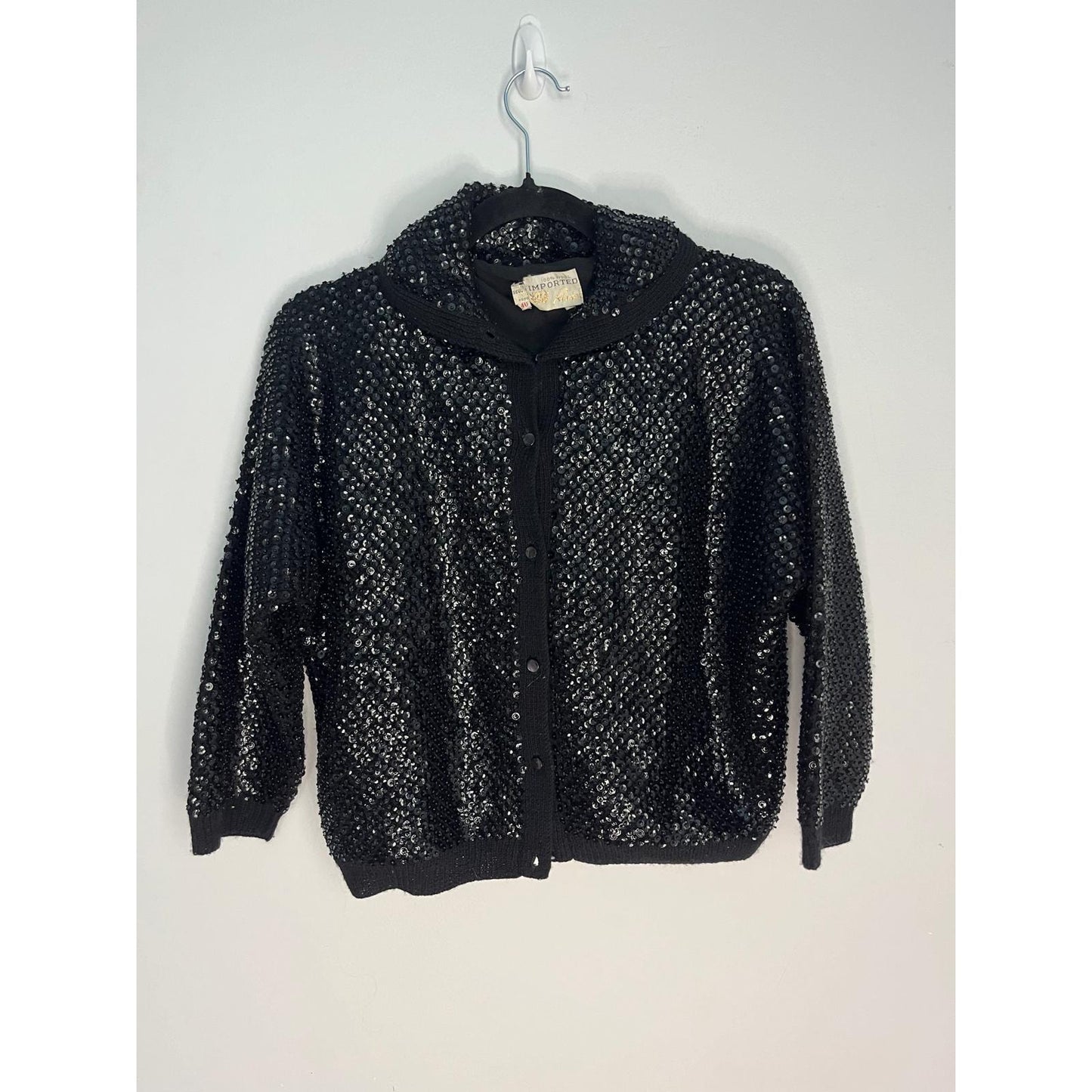 Riviera Sequin Wool Cardigan Sweater Womens 40 Black Vintage Beaded Button Up