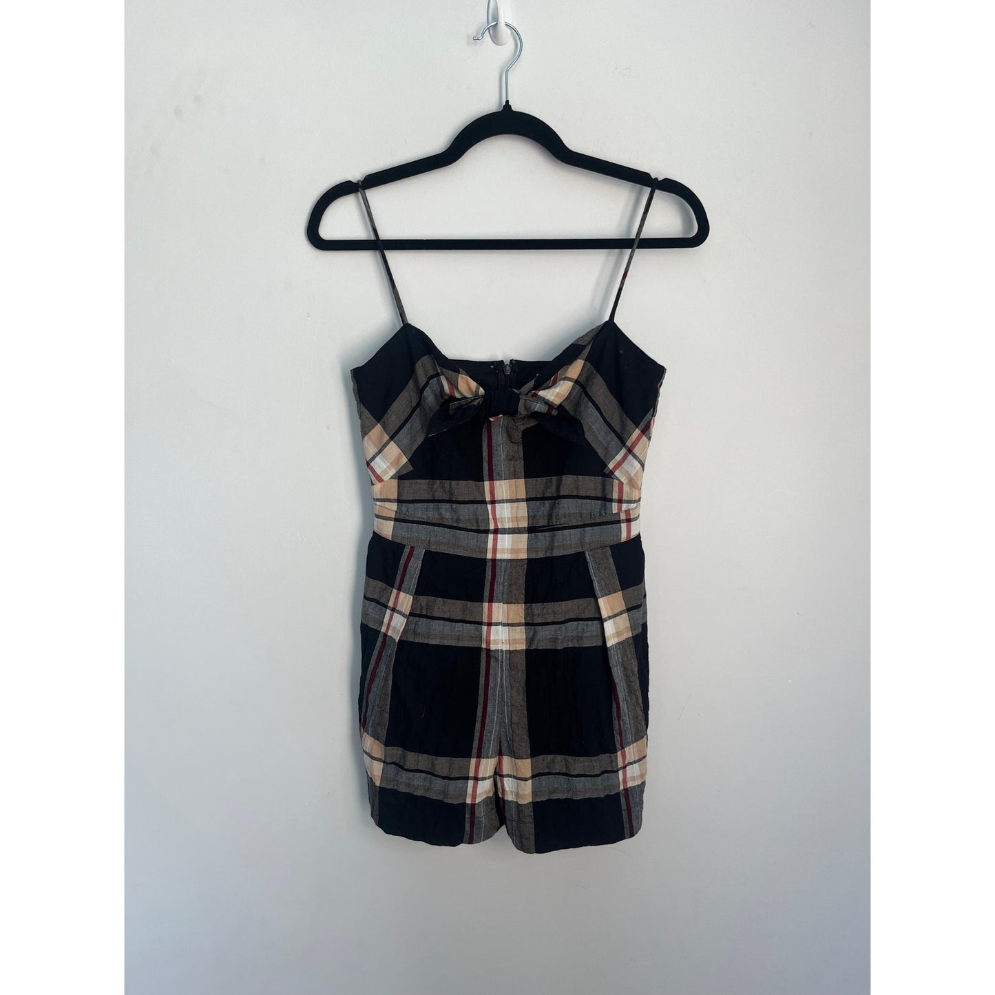 Club Monaco Plaid Romper Women 0 Black Tan Bow Tie Front Spaghetti Strap