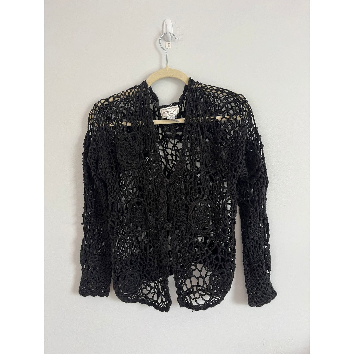 Henri Bendel Cardigan Women Size M Black Open Crochet Knit Button Front Vintage