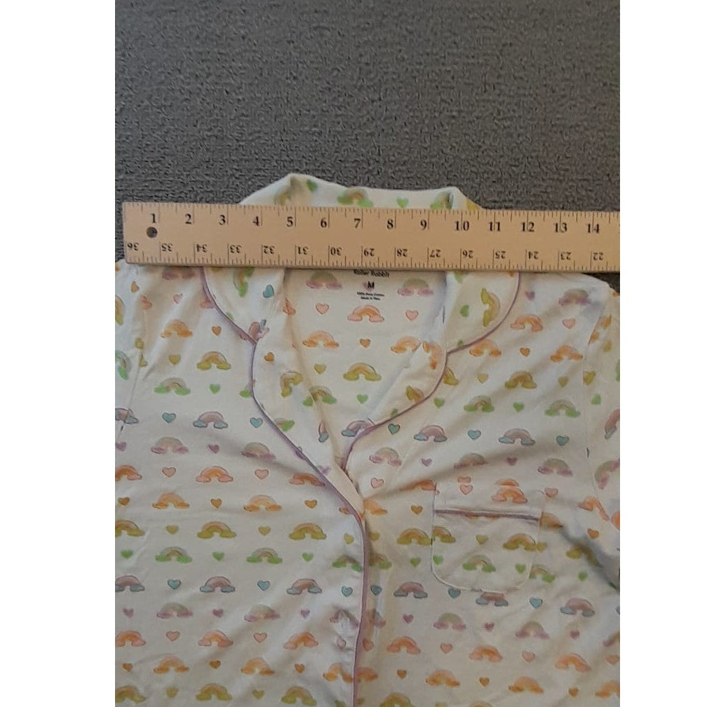 Stoney Clover X Roller Rabbit Women's M White Rainbow Hearts Print Pajama Shirt Top