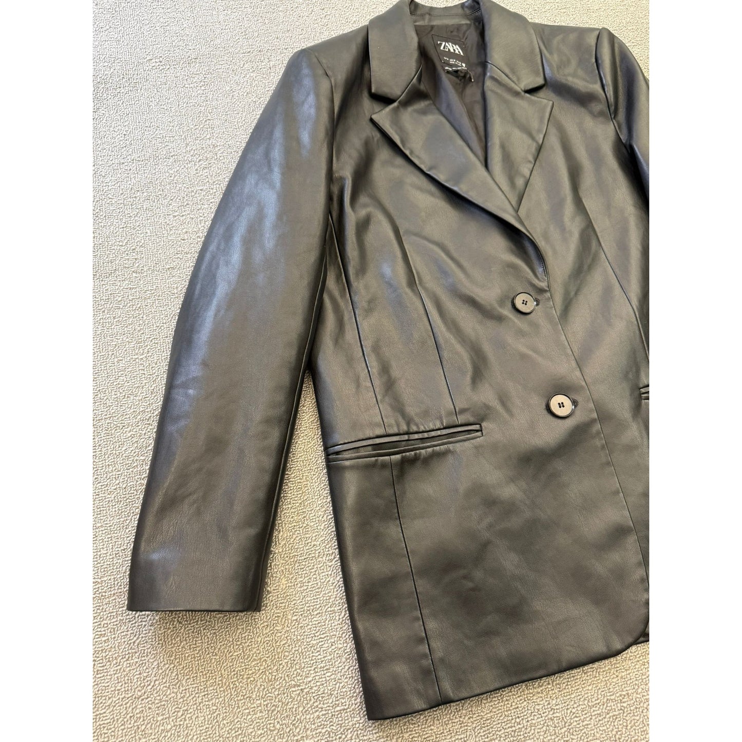 ZARA Women's Medium Black Faux Leather Blazer Double Button
