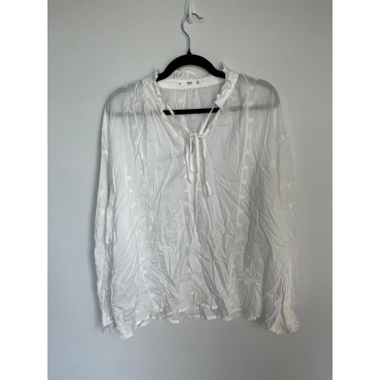 MNG White Blouse Women 8 Sheer Long Sleeve Ruffle Collar Tie Neck Lightweight