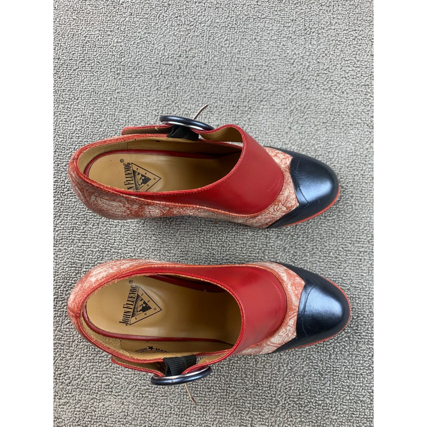 John Fluevog Women's 7 Red Black Patterned Mary Jane Pump Heels