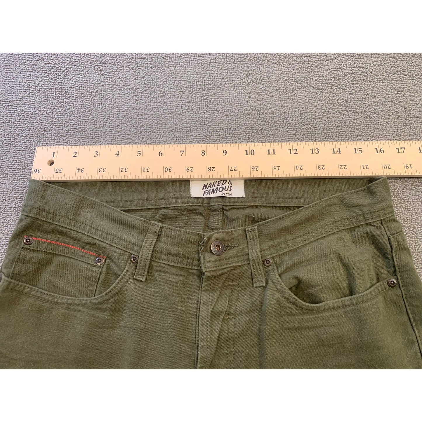 NAKED & FAMOUS Men's 32 Weird Guy Army Green Duck Selvedge Jeans