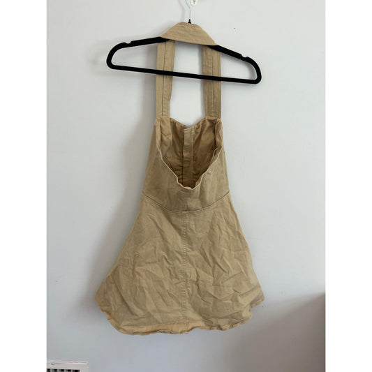 Bardot Halter Mini Dress Women XS Beige Zip Front Flared Cotton