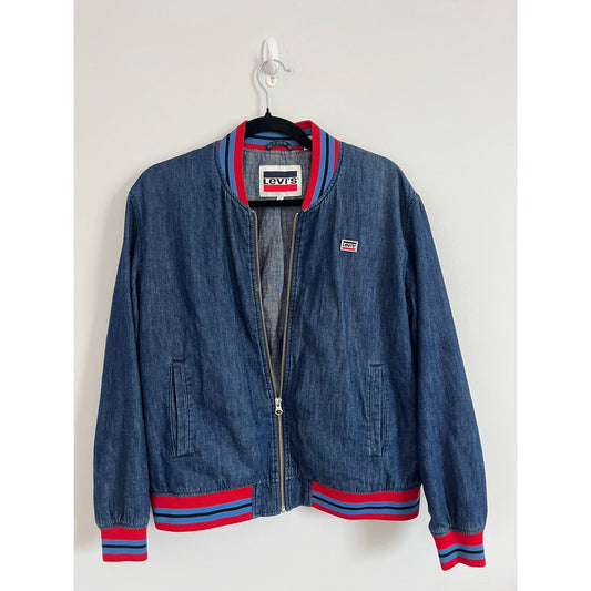 Levis Bomber Jacket Women S Blue Denim Zip Front Red Stripe Trim Retro Logo
