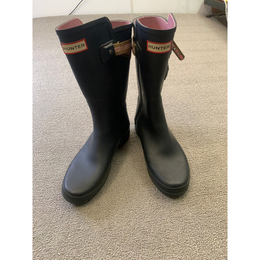 HUNTER Women US 7 Blue Rain Backstrap Pink Boots
