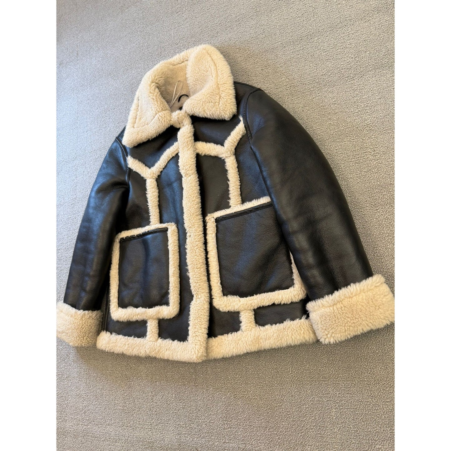 MNG Mango Women's XS Black Faux Leather Shearling Bomber Biker Jacket Warm Coat