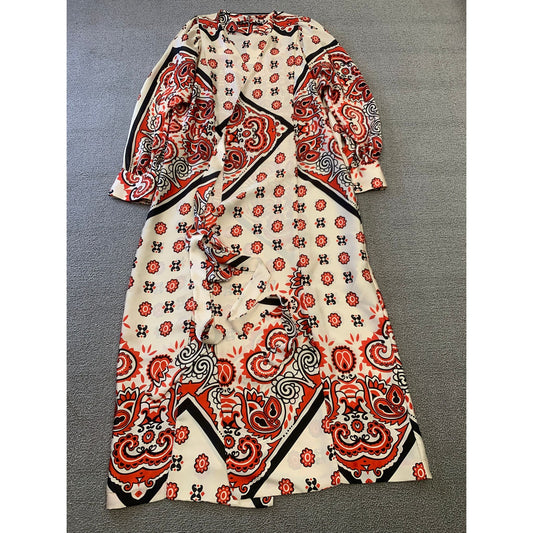 Zara Women's XS White Red Black Patterned Long Sleeve Dress