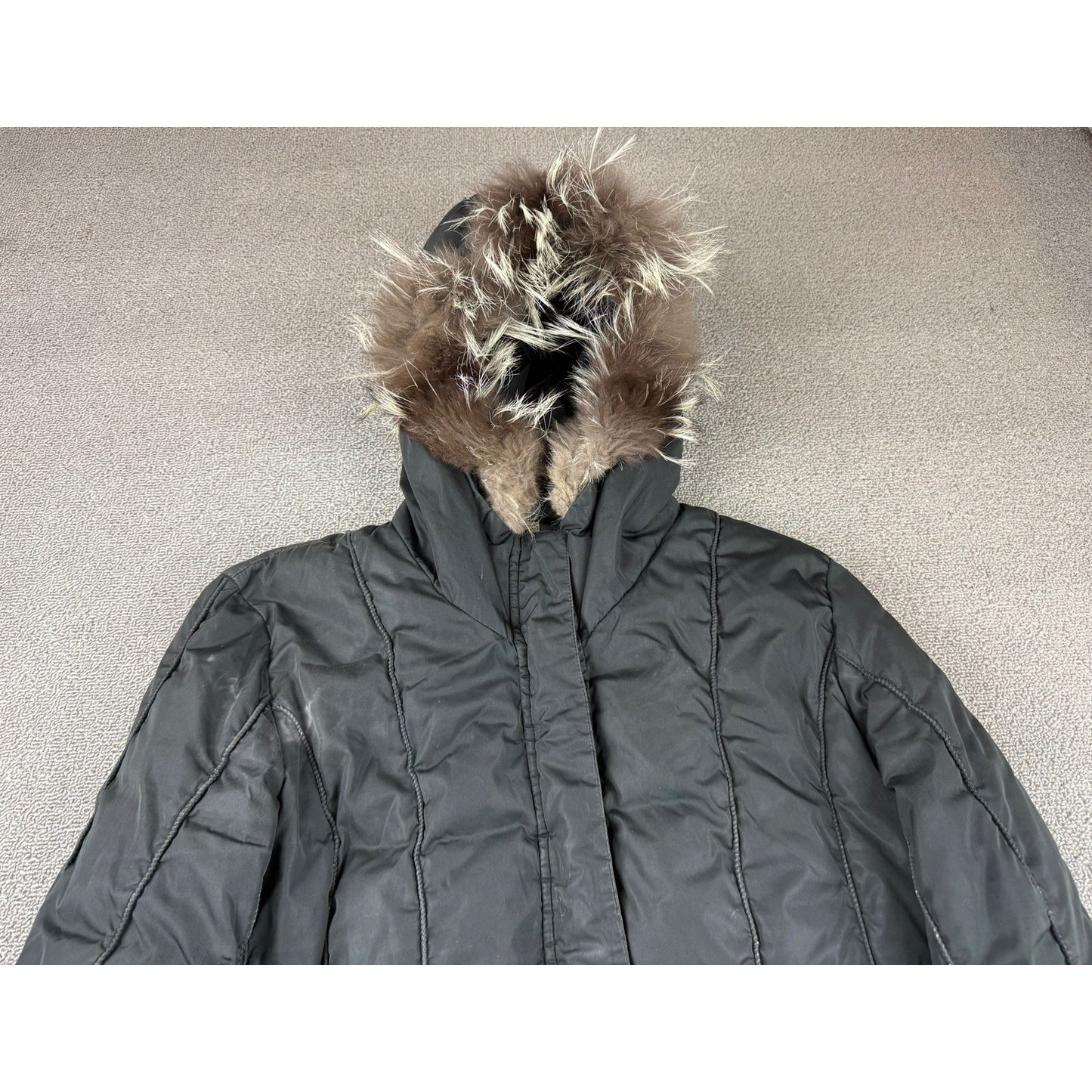 Post Card Women's Medium Black Hooded Fur Trim Puffer Coat
