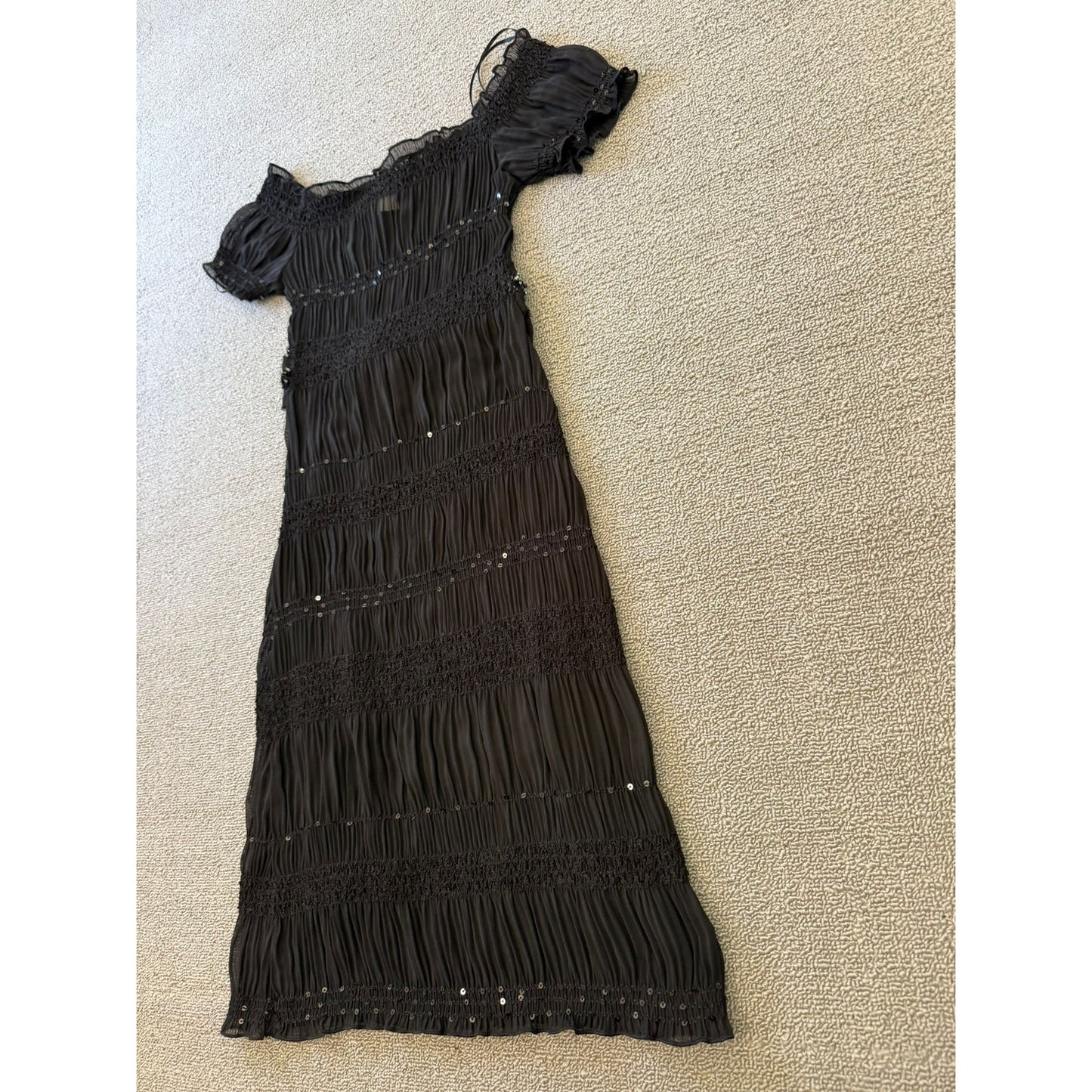 ABS Allen Schwartz Women XXS Sheer Black Sequin Beaded Tiered Ribbon Tie Dress