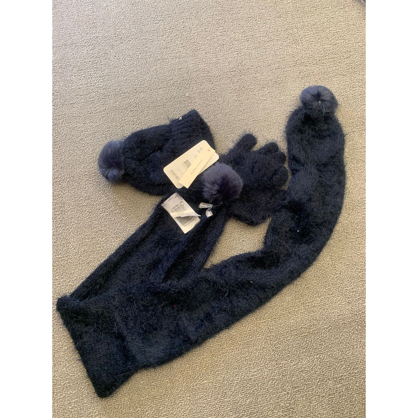 Mayoral Kids 4-6 Blue 3 in 1 Set  Fuzzy Pompom Hat Scarf Mitten New