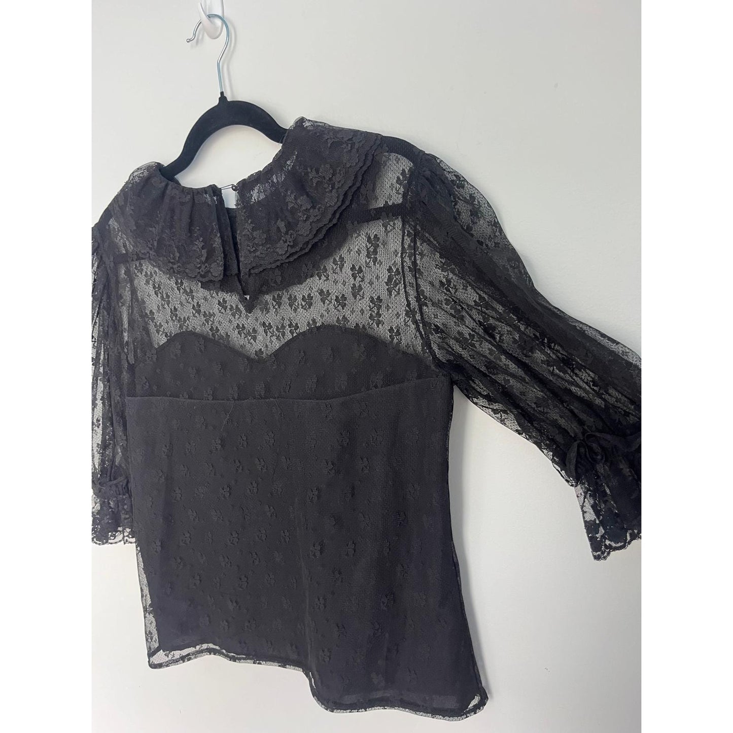 Jean for Joseph Le Bon Sheer Lace Blouse Women 8 Black Victorian Puff Sleeve
