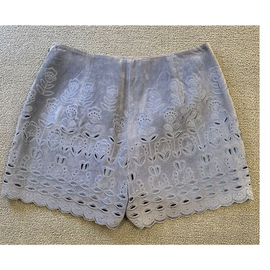 INTERMIX Women's Suede Shorts S Blue Floral Laser Cut Scalloped Hem High Waist