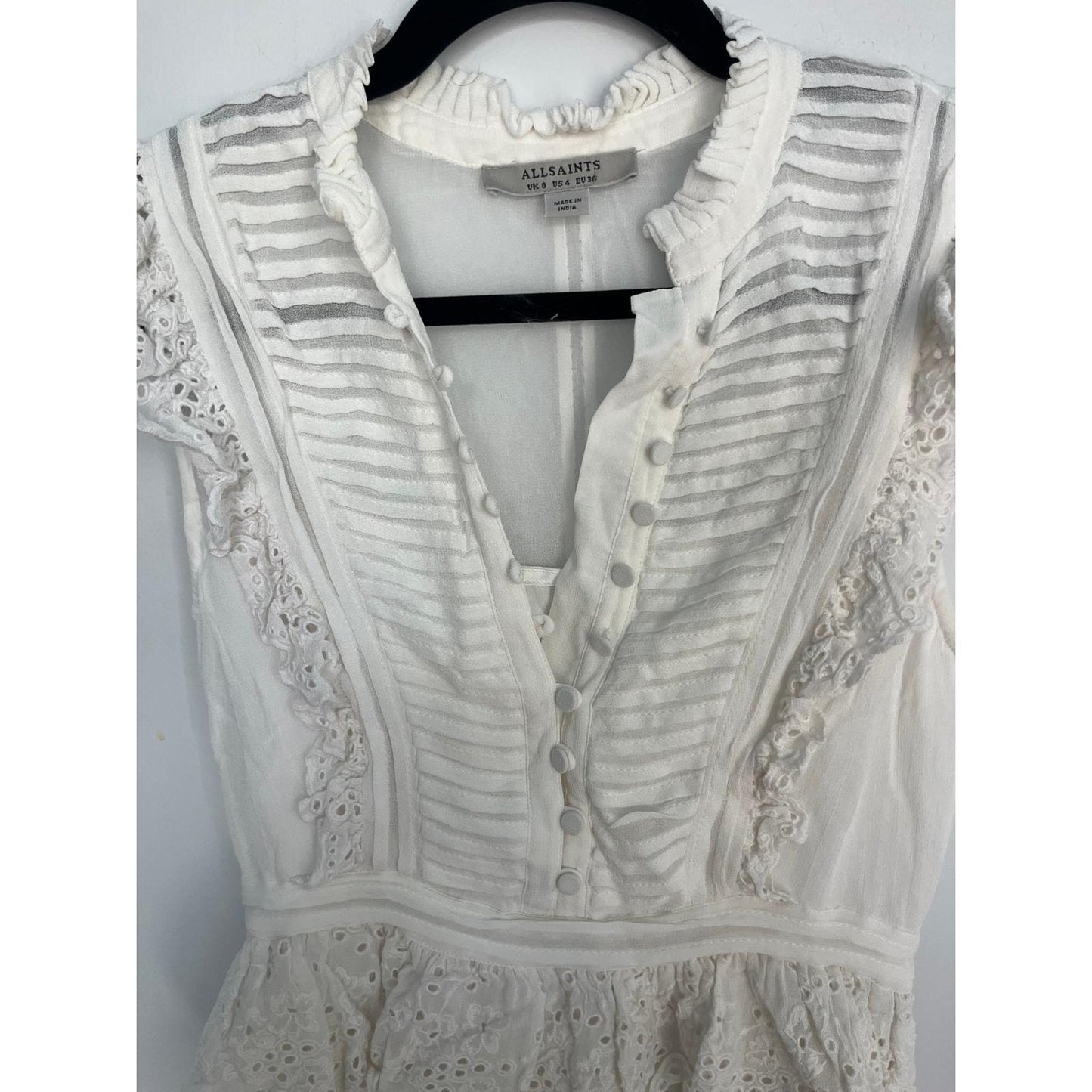 AllSaints Eyelet Ruffle Sleeveless Blouse Women 4 White Boho Peplum Top