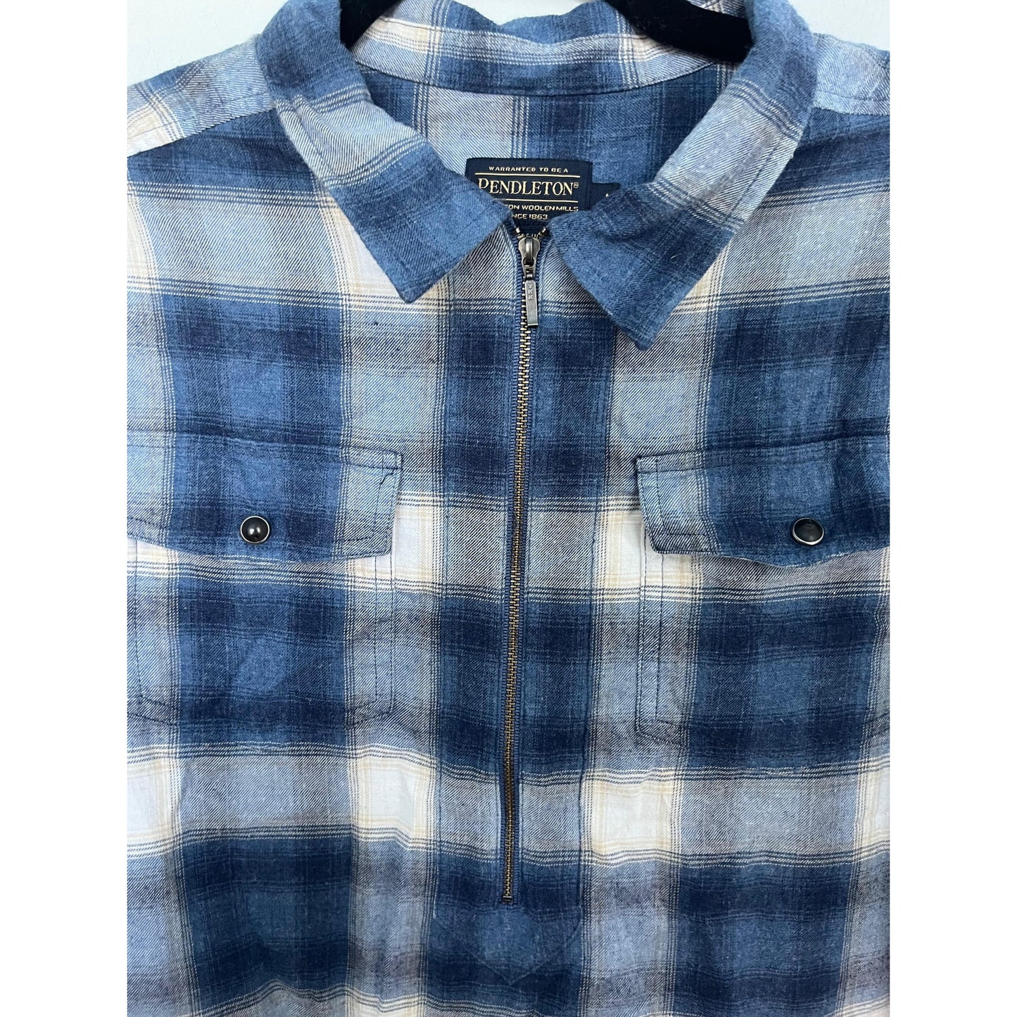 Pendleton Plaid Half Zip Shirt Women M Blue White Flannel Long Sleeve