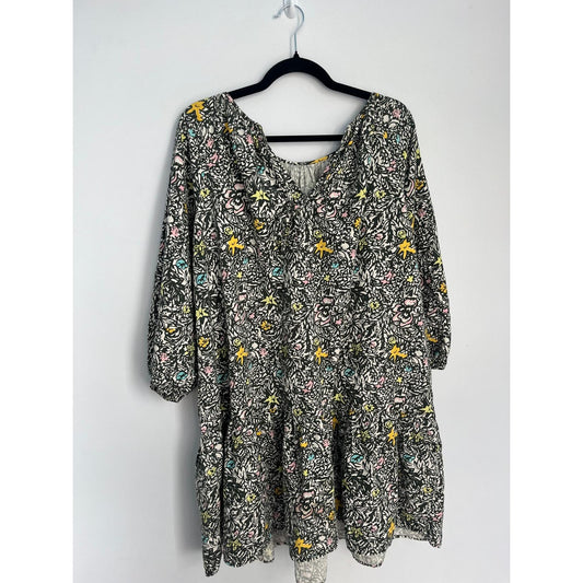 Levis Floral Peasant Dress Women M Black Multicolor Puff Sleeve Boho