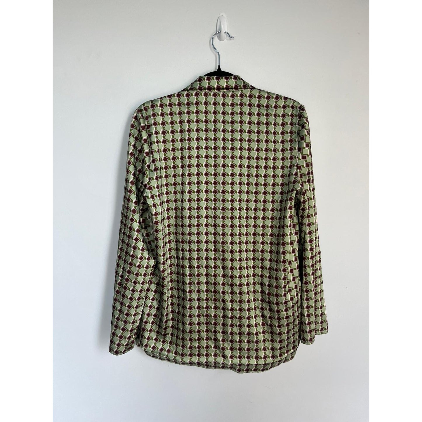 MNG Geometric Blazer Women M Green Brown Satin Diamond Print Lightweight Retro