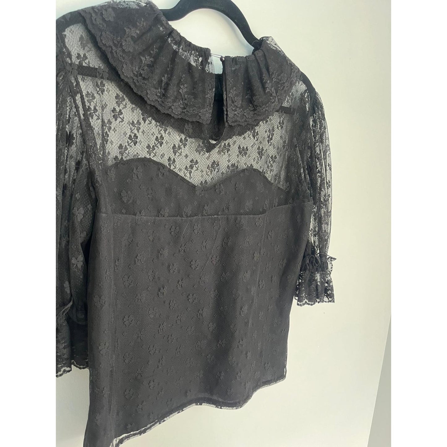 Jean for Joseph Le Bon Sheer Lace Blouse Women 8 Black Victorian Puff Sleeve