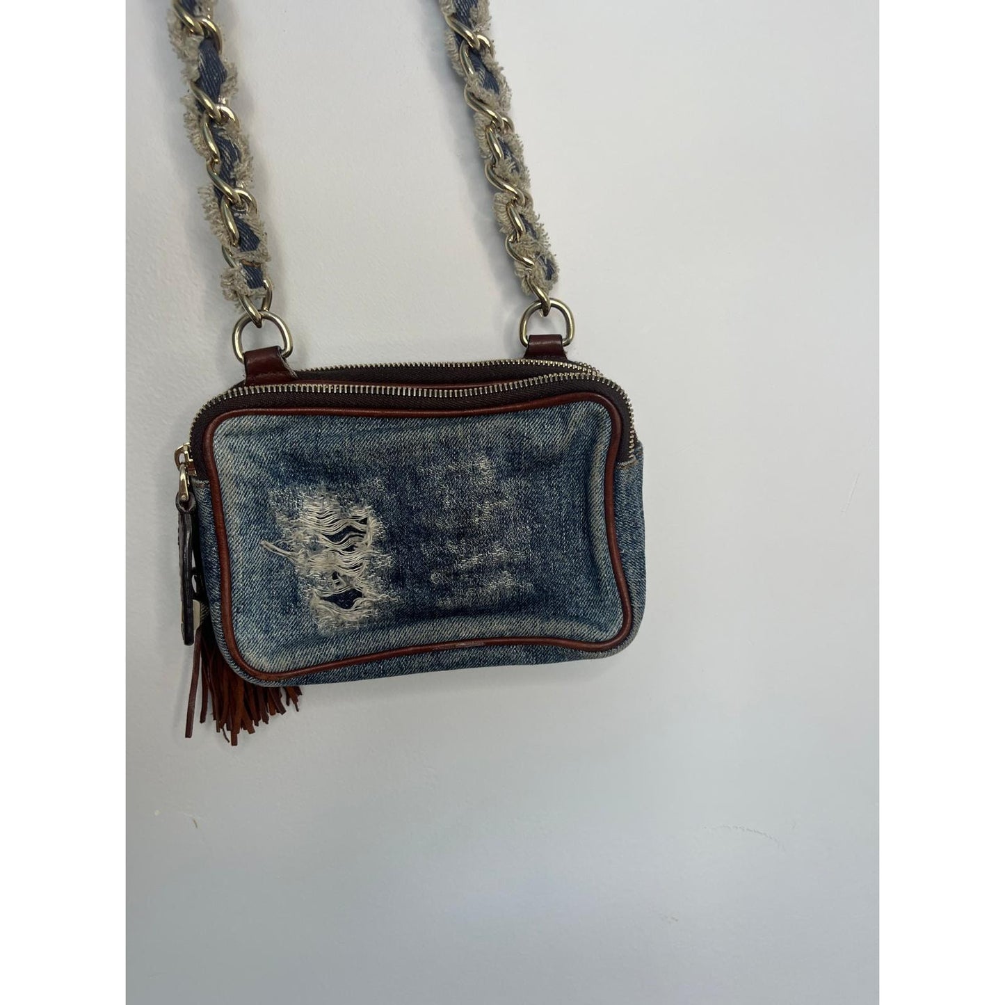 Dolce & Gabbana Denim Mini Crossbody Bag Distressed Tassel Chain Strap