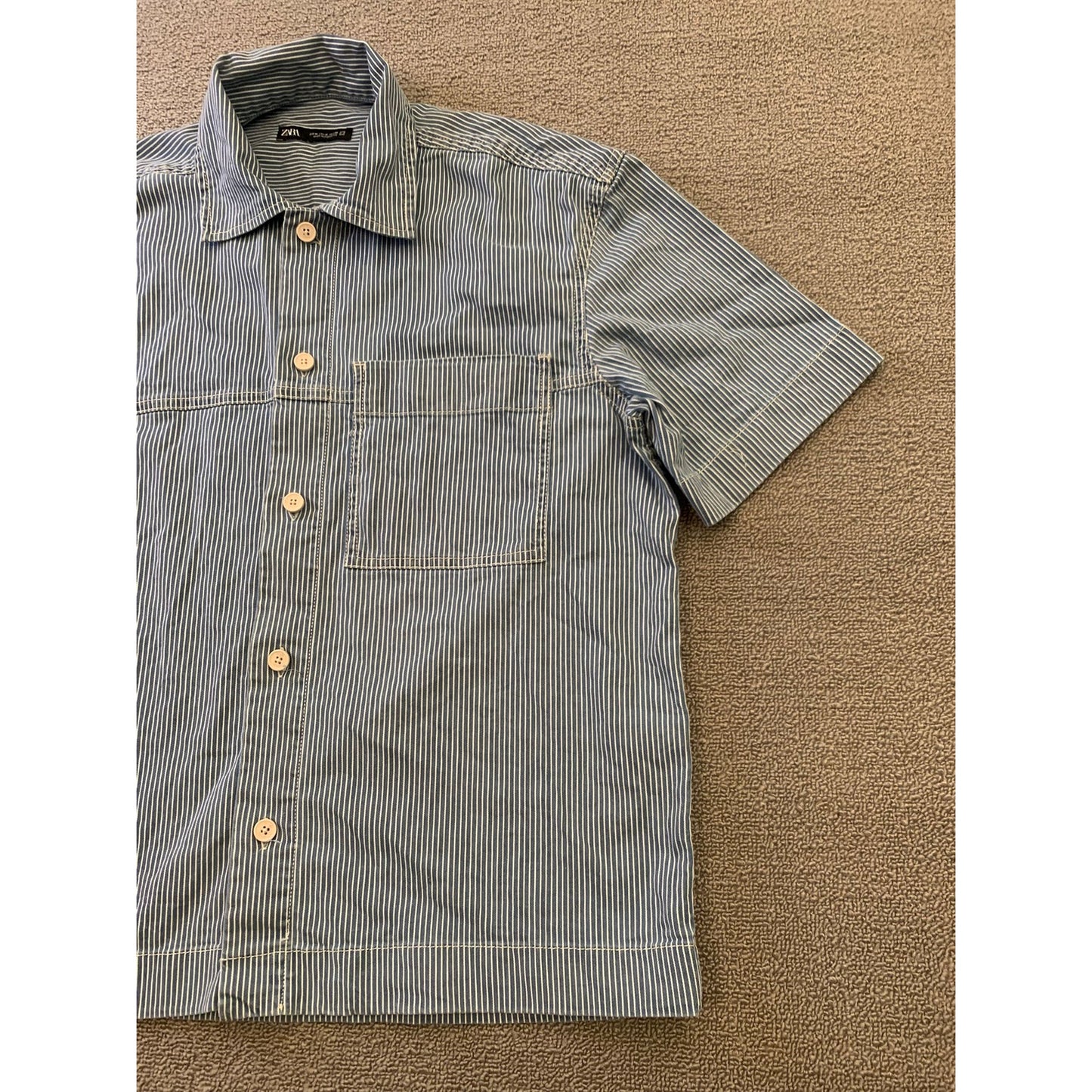 Zara Men's Medium Blue Striped Short Sleeve Button Up Work Shirt