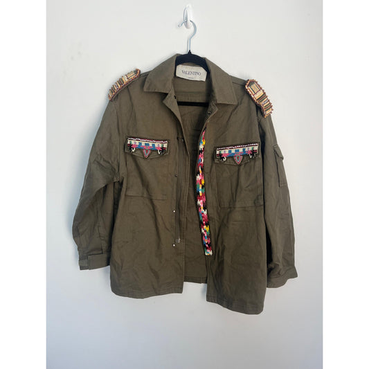 Valentino Beaded Military Jacket Women 38 Olive Green Embellished Italy