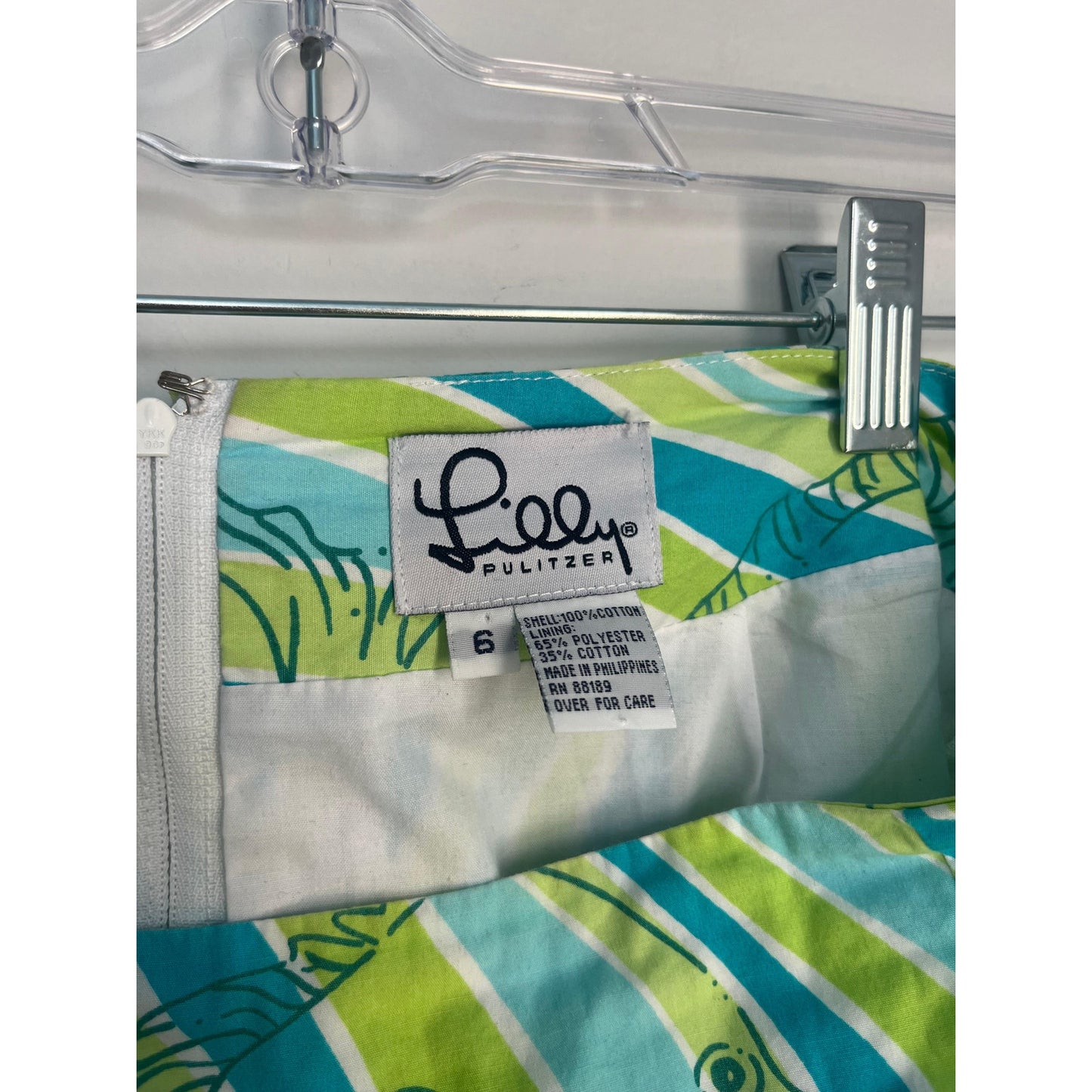 Lilly Pulitzer Mini Vintage Skirt Women 6 Green Blue Fish Print Cotton Beach