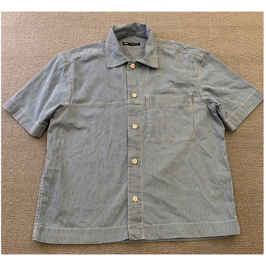 Zara Men's Medium Blue Striped Short Sleeve Button Up Work Shirt