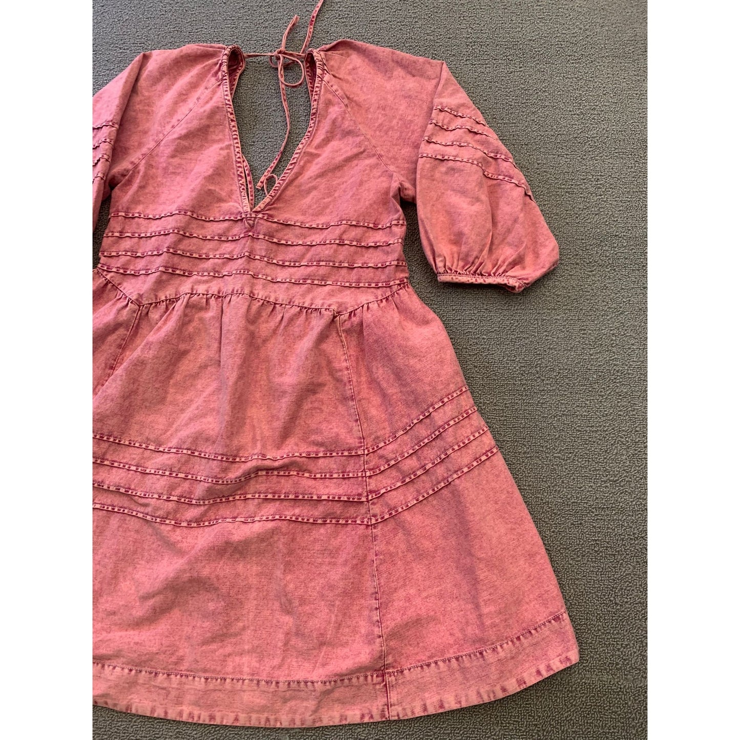 Free People Women's XS Petite Pink Acid Wash Mini Dress Tie Back