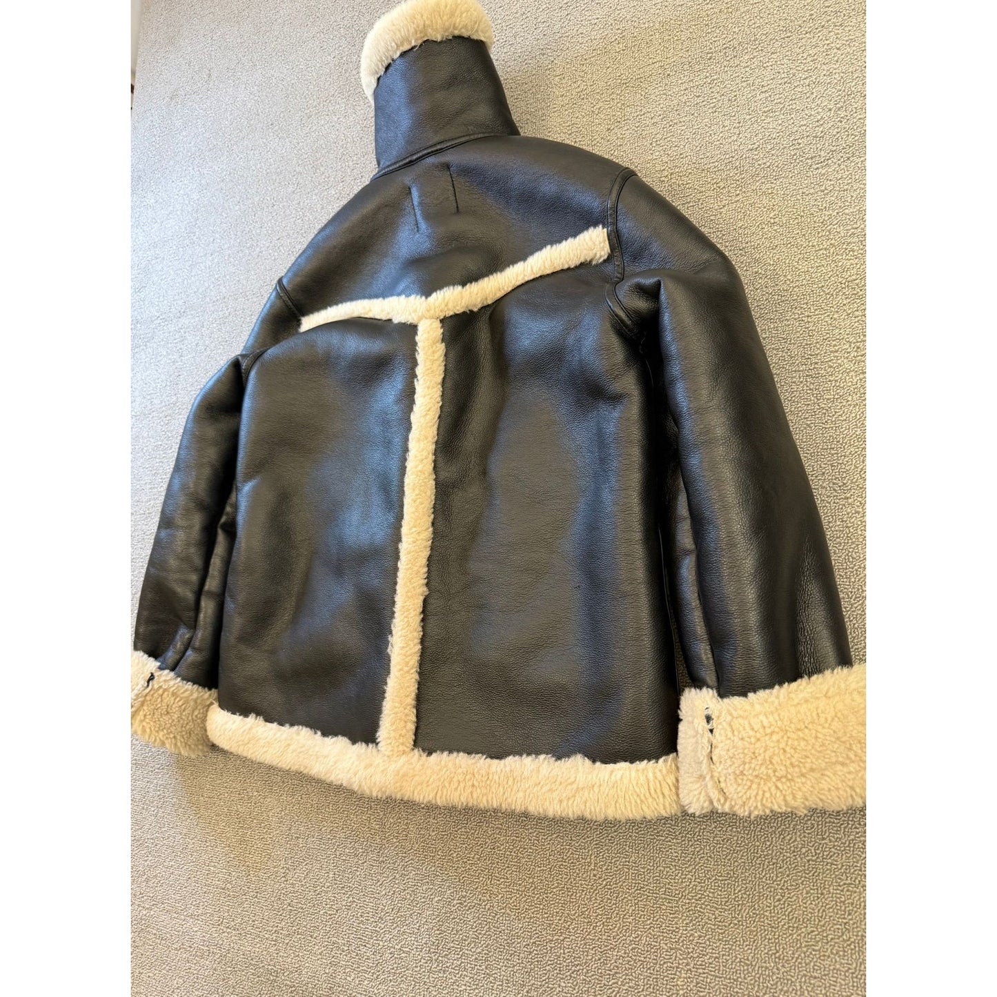 MNG Mango Women's XS Black Faux Leather Shearling Bomber Biker Jacket Warm Coat