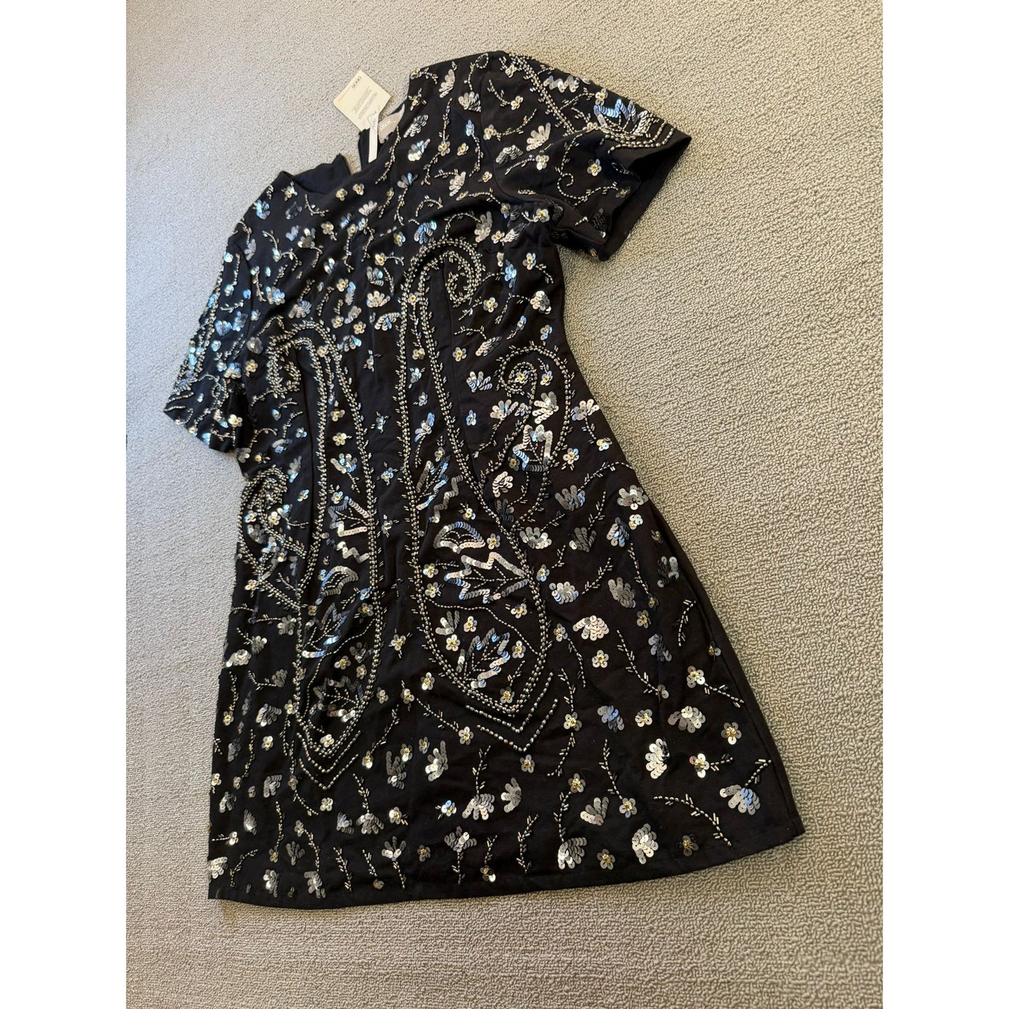 ASOS US 14 Womens Black Beaded Short Sleeve Shift Dress