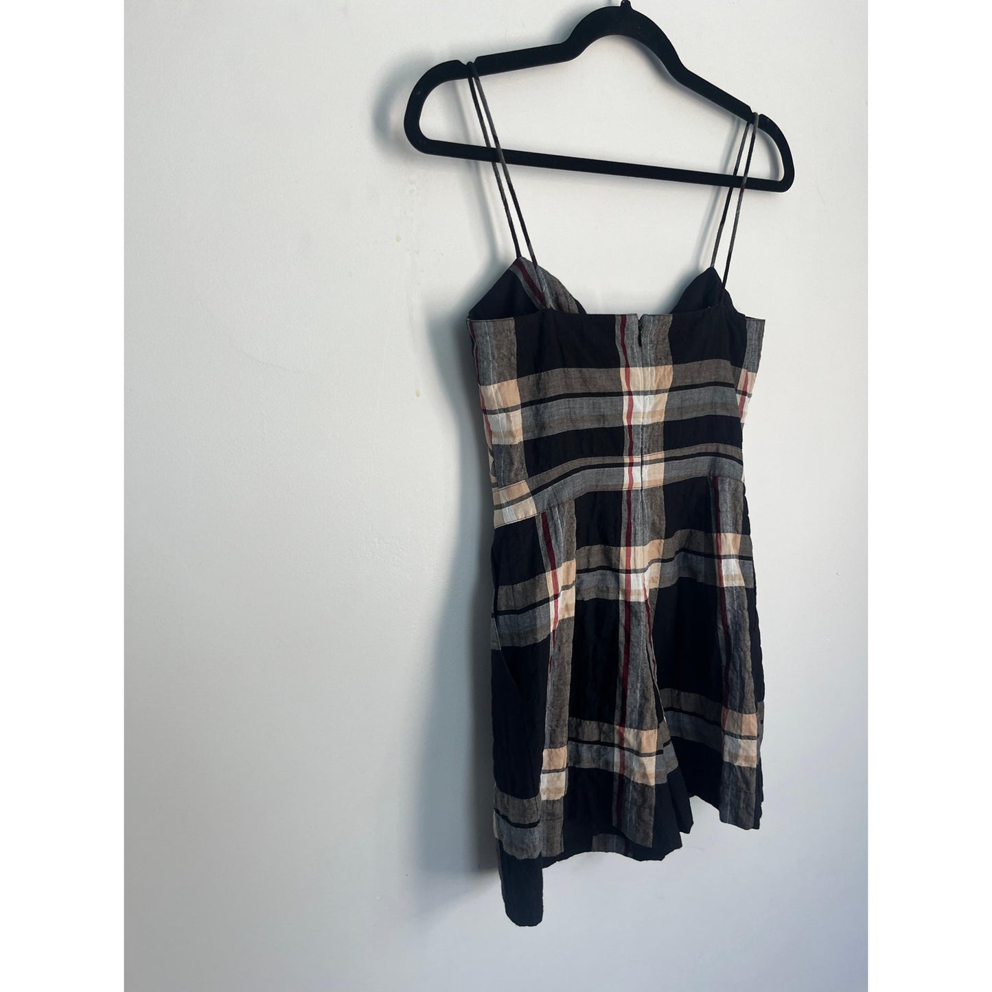 Club Monaco Plaid Romper Women 0 Black Tan Bow Tie Front Spaghetti Strap