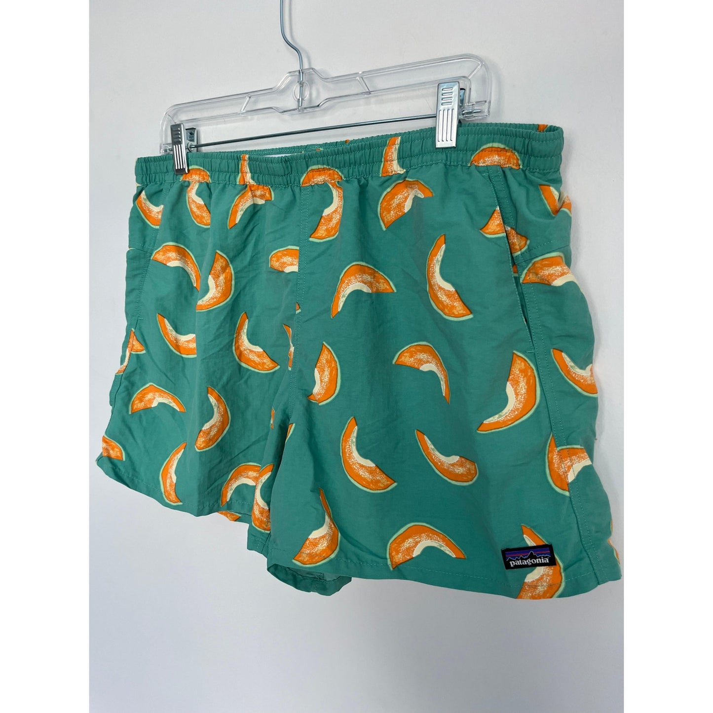Patagonia Swim Trunks Women XL Green Orange Fruit Print Board Shorts