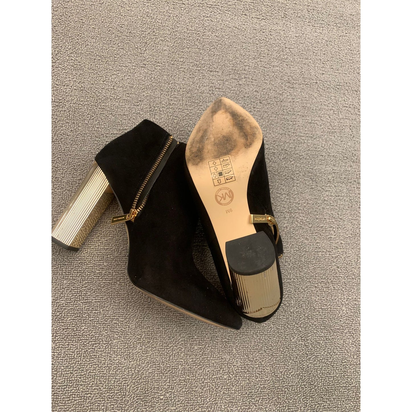 Michael Kors Women 9M Black Suede Ankle Boots Gold Fluted Heel