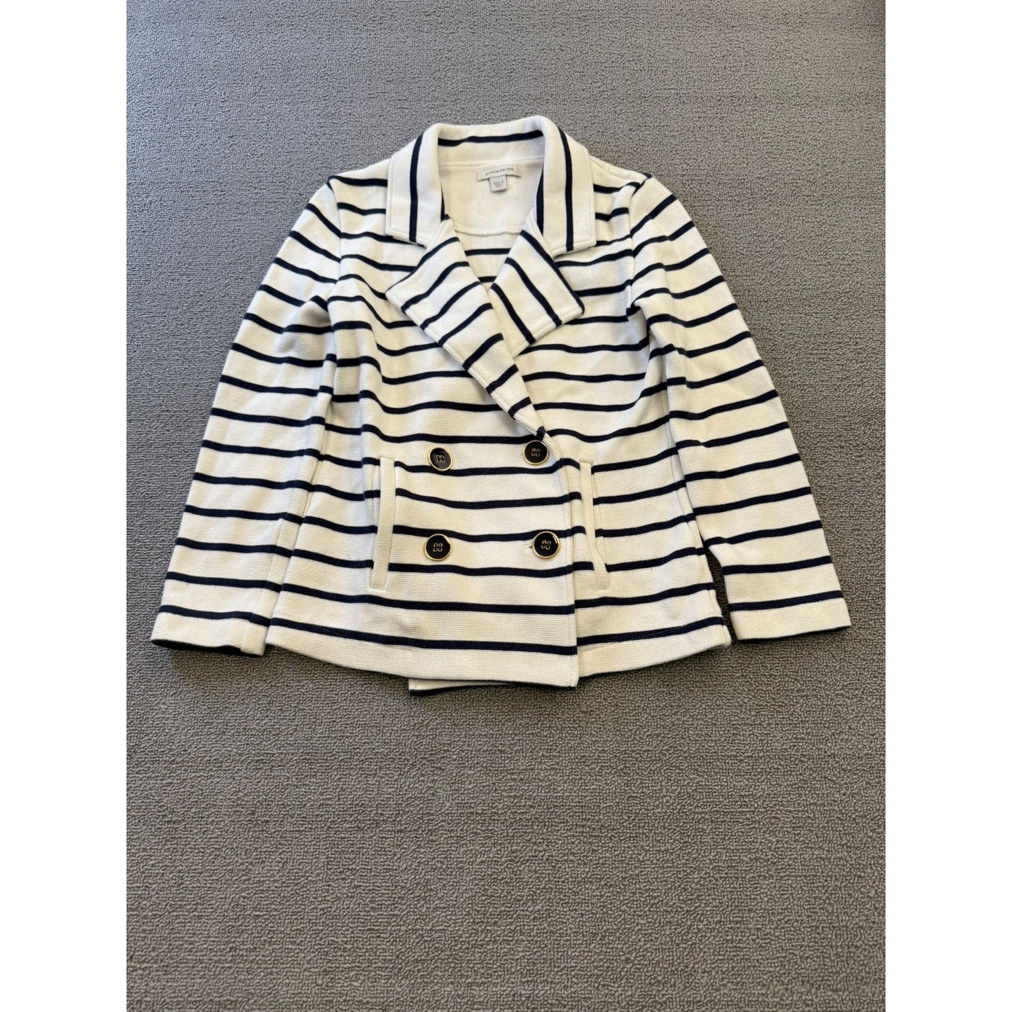 Boston Proper Women's Small White Black Striped Double Breasted Sweater Jacket