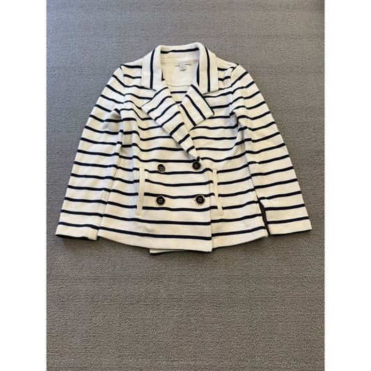 Boston Proper Women's Small White Black Striped Double Breasted Sweater Jacket