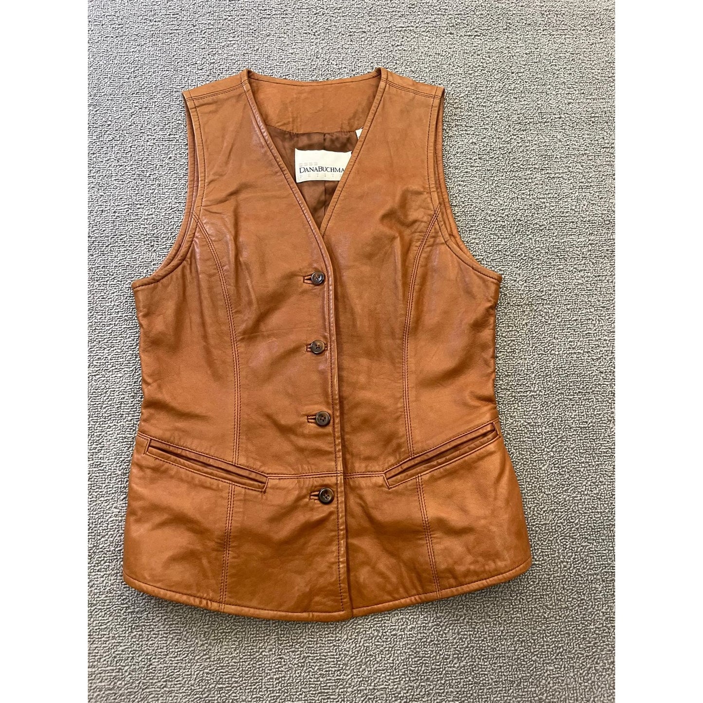 Dana Buchman 100% Leather Vest Women 2 Petite Brown Button Closure