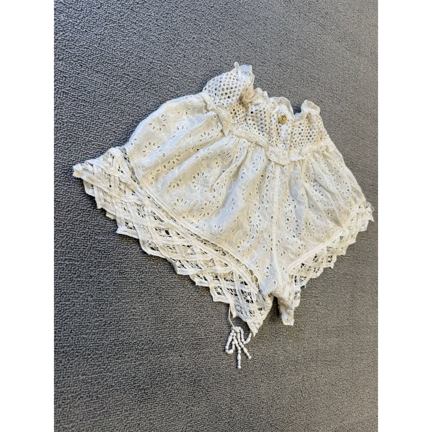 Boho Crochet Lace Eyelet Shorts  Women XS White Summer Beachwear