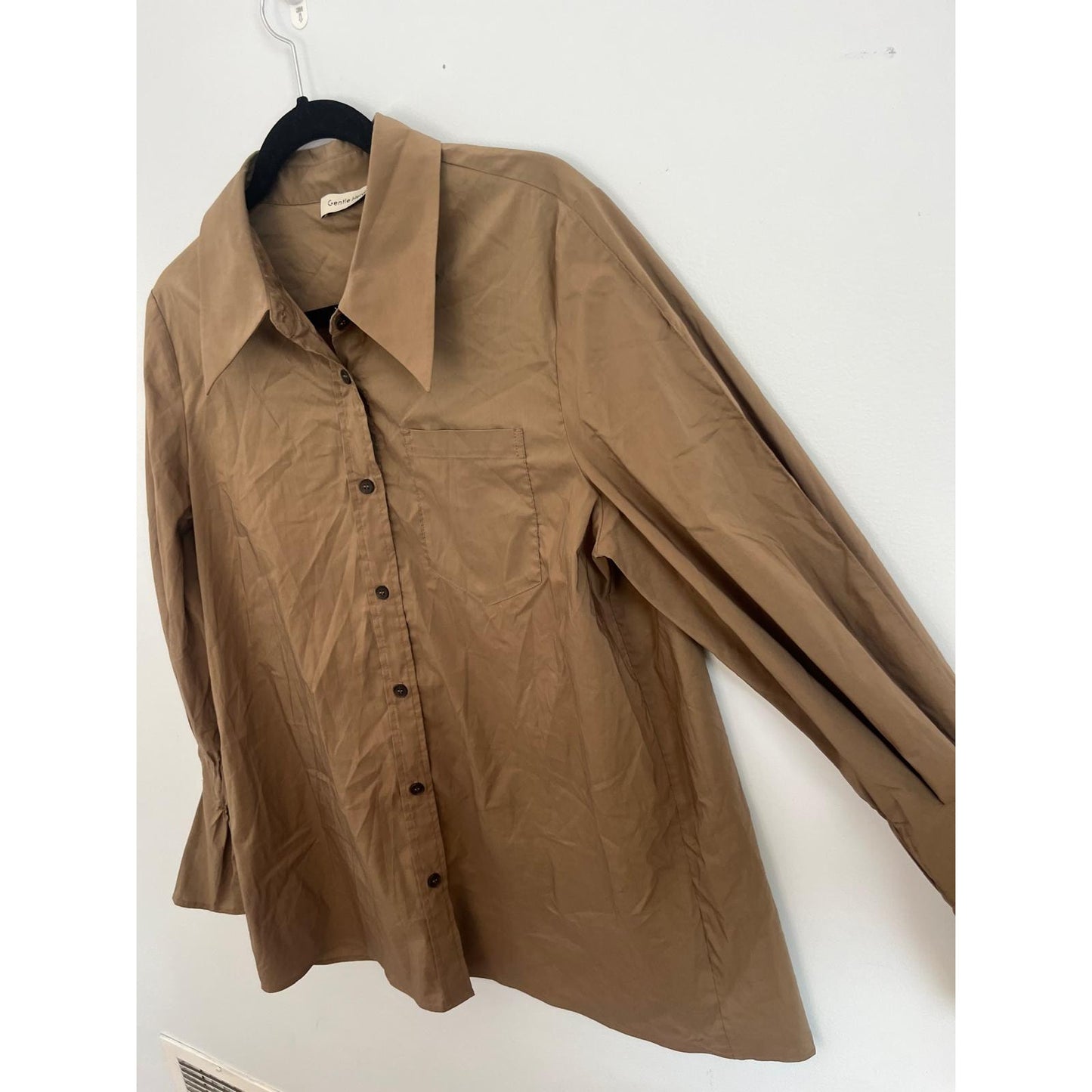 Gentle Herd Button Down Shirt Women L Brown Cotton Blend Puff Sleeve