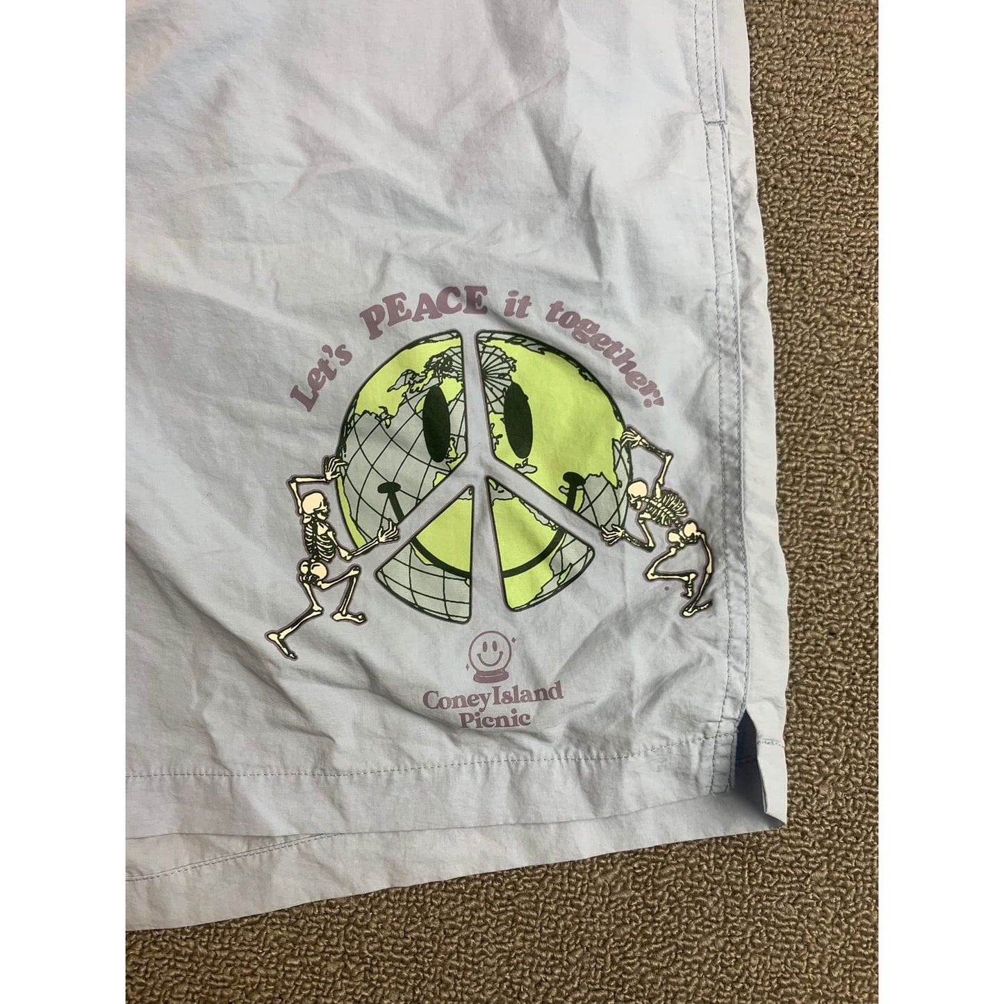 Coney Island Picnic LET'S PEACE IT TOGETHER Nylon Blue Shorts - Size Large