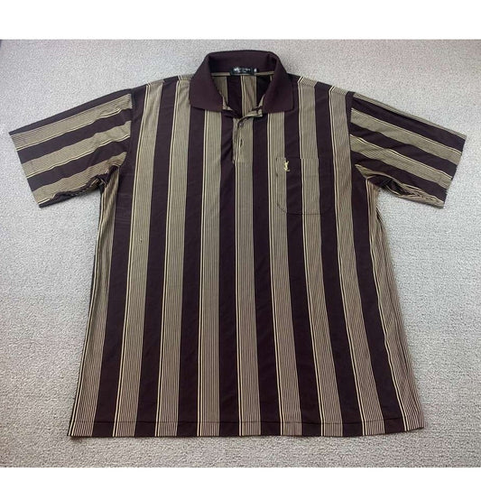 Yves Saint Laurent Polo Men XXL Brown Tan Shirt Vertical Stripe Embroidered Logo
