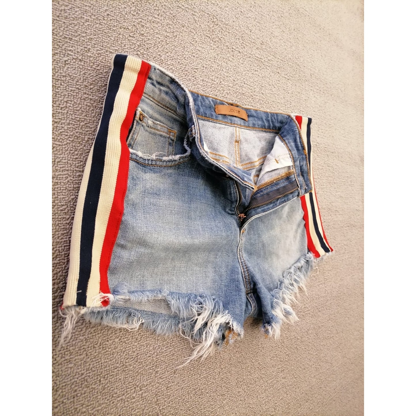 Joe’s Women’s 29 Denim Cutoff Shorts – Blue Hem with Red White Side Stripes