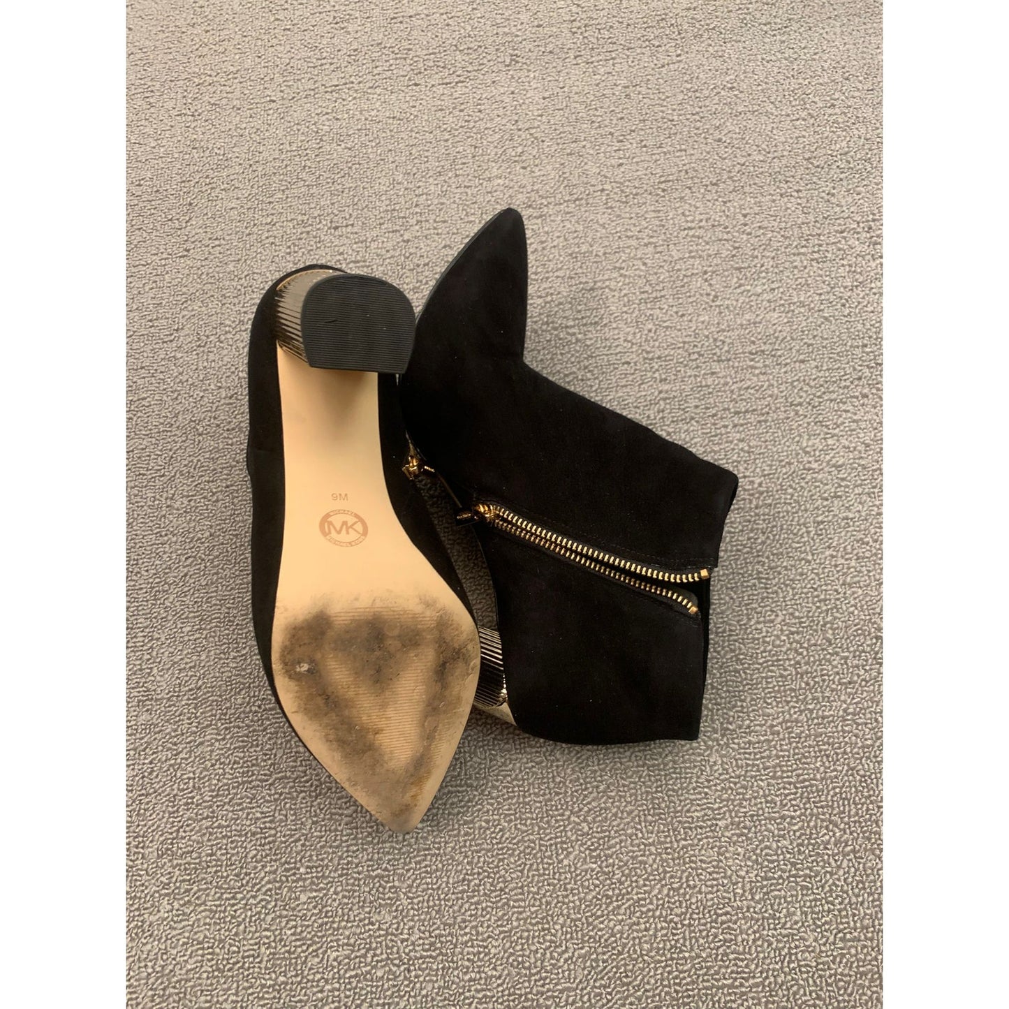 Michael Kors Women 9M Black Suede Ankle Boots Gold Fluted Heel