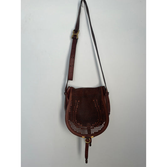 Chloe Crossbody Bag Women Brown Perforated Leather Saddle Flap