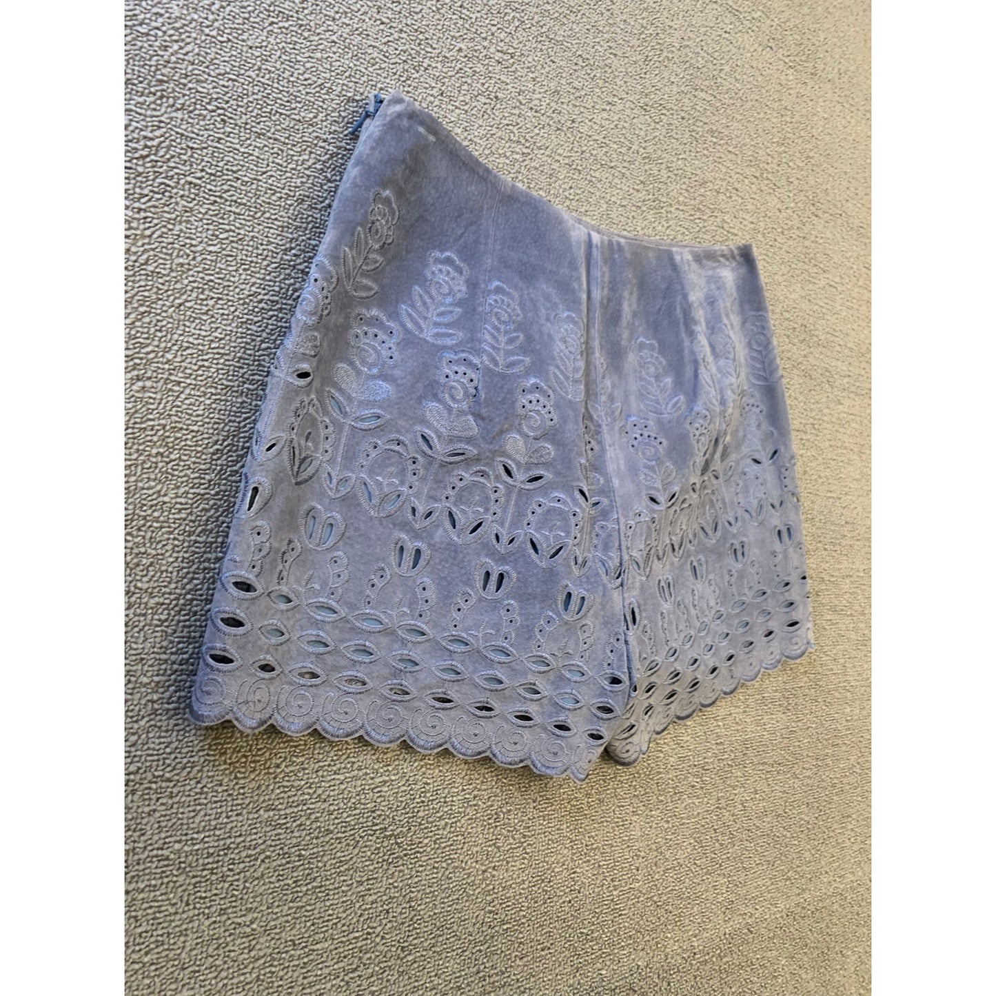INTERMIX Women's Suede Shorts S Blue Floral Laser Cut Scalloped Hem High Waist